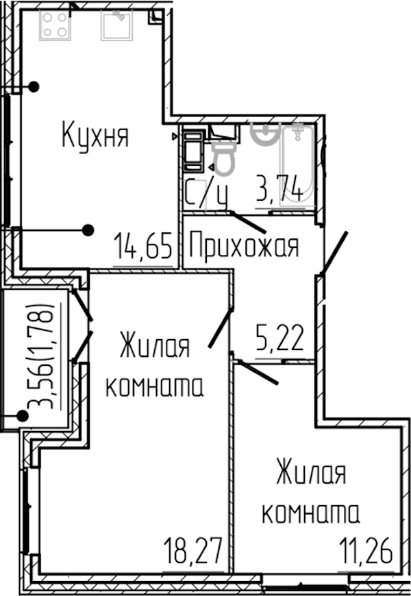 2-комнатная квартира 54.92 м², 4/4 эт., ЖК «SERTOLOVO PARK»